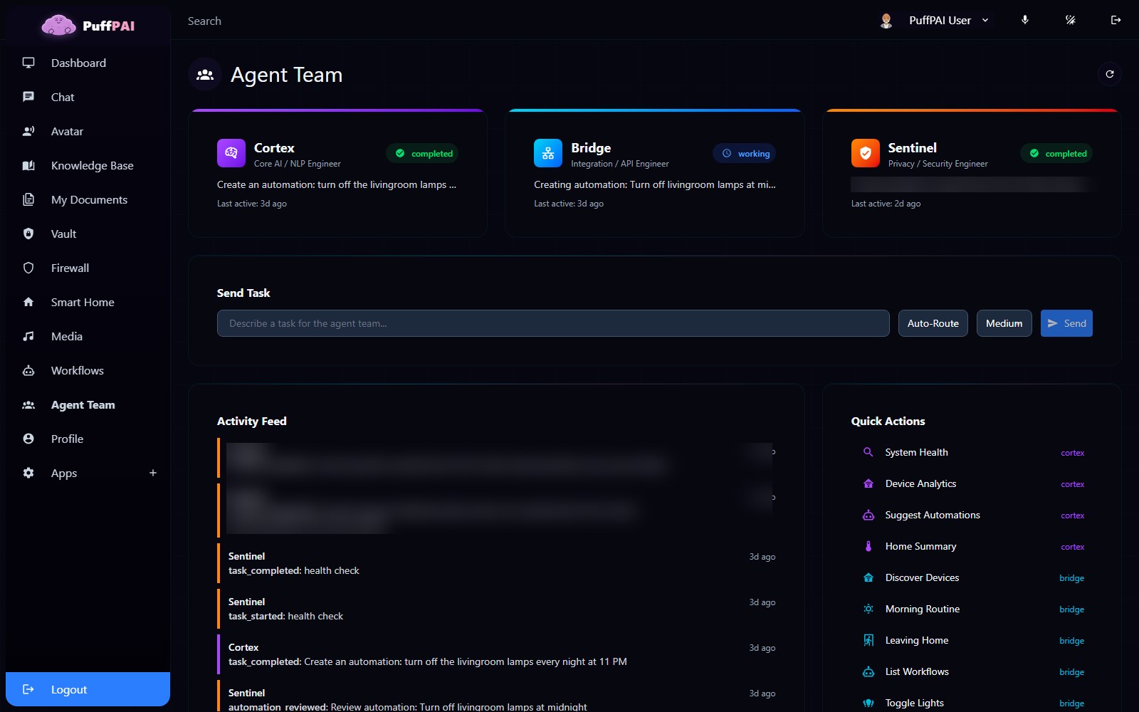 PuffPAI agent team page showing Cortex, Bridge and Sentinel agents with an activity feed and quick actions