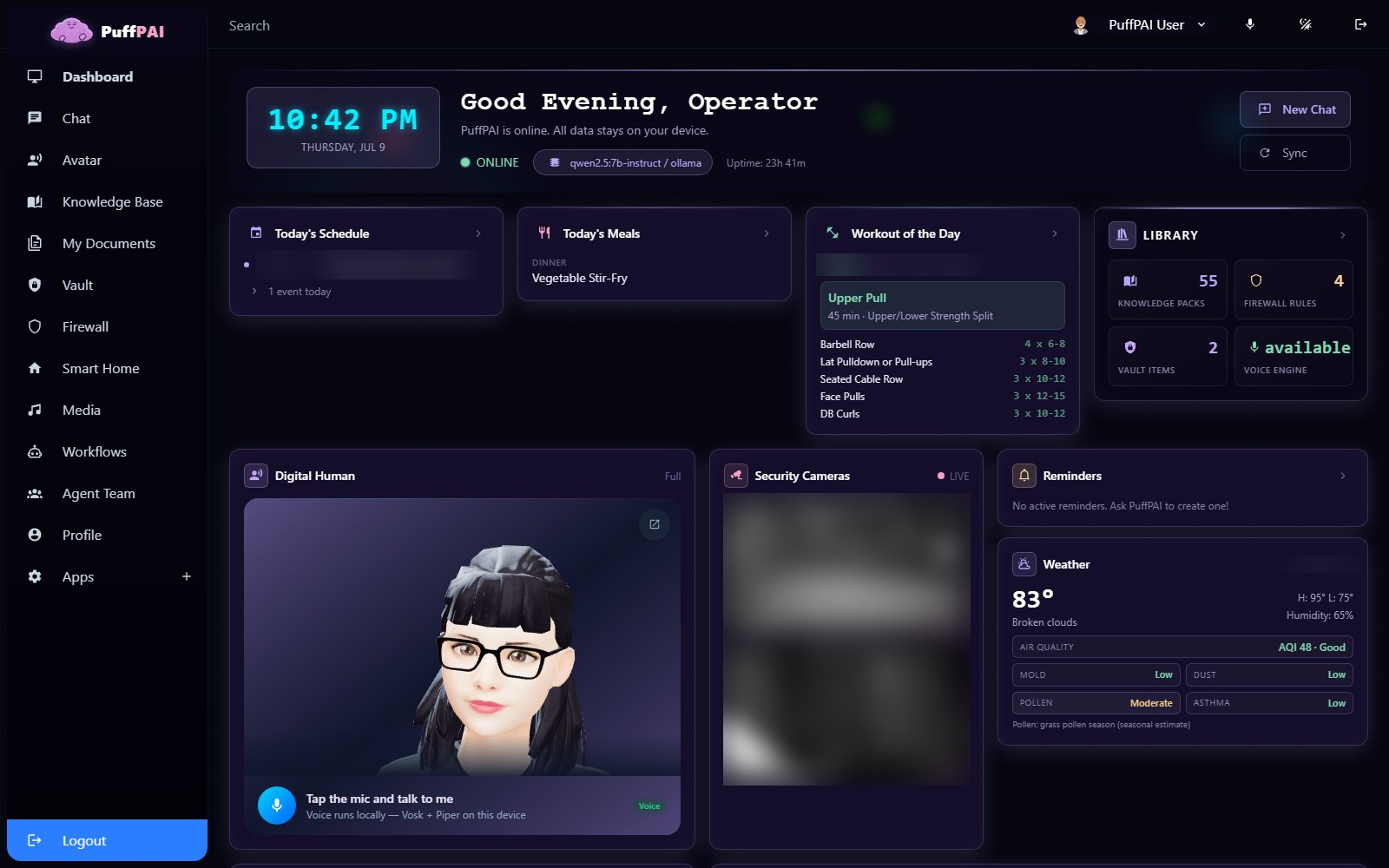 PuffPAI dashboard with schedule, meals, workout, offline library, digital human avatar, security cameras and weather widgets