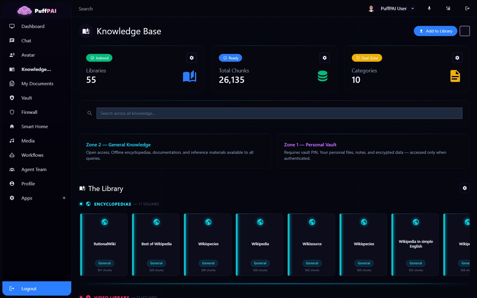 PuffPAI knowledge base showing 55 offline libraries and 26,135 indexed chunks across two zones